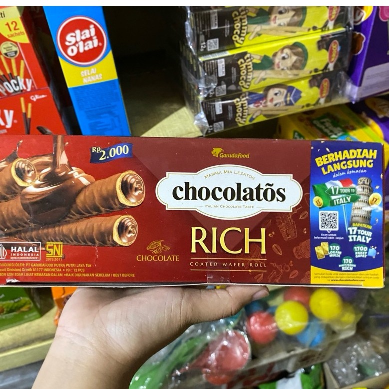 Chocolatos Rich Wafer Roll - 12 pcs, Rasa Coklat Italia, Krim Coklat Berlimpah