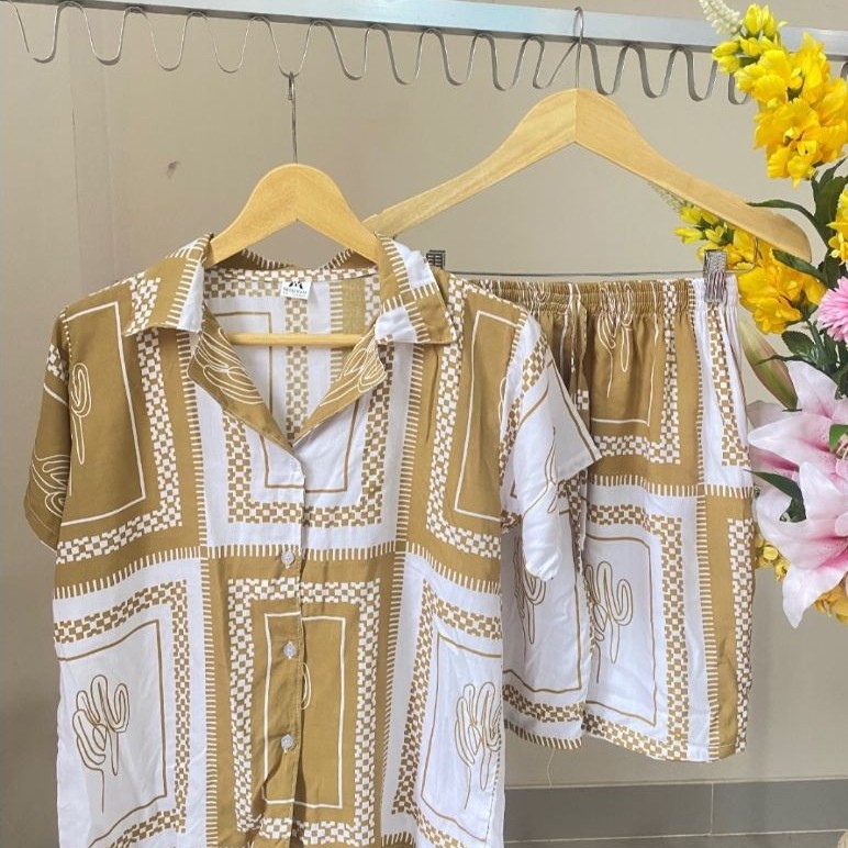 set kemeja rayon celana pendek motif kaktus