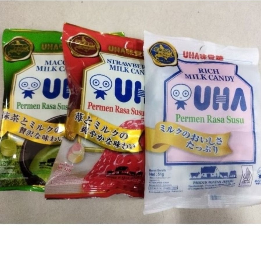 Permen UHA milk candyRich Milk, Matcha Milk, dan Strawberry Milk.
