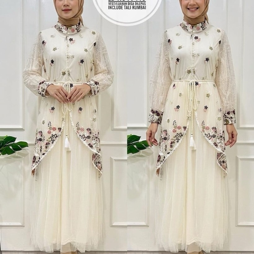 Anggita Dress Ivory Include White Gmais Centily Embroidery Mewah Dress Kondangan Wanita Muslimah Baj