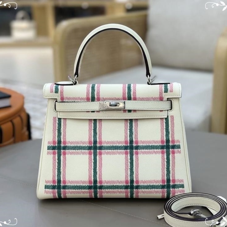 Limited Edition HM Kelly Retourne 25 "Tartan Light top-handle handbag pure handmade