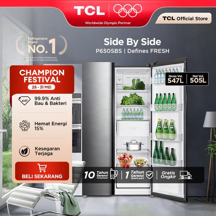 TCL Kulkas 2 Pintu Side by Side – Kapasitas 547L - Metal Gray - Inverter - Lemari Es - Ice Maker - E