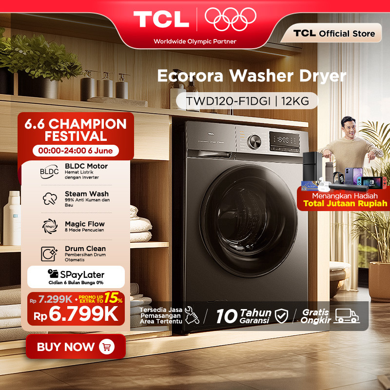 TCL Mesin Cuci Front Loading Washer Dryer 12kg C1 Series - 100% Kering - Steam Wash - BLDC Motor - K