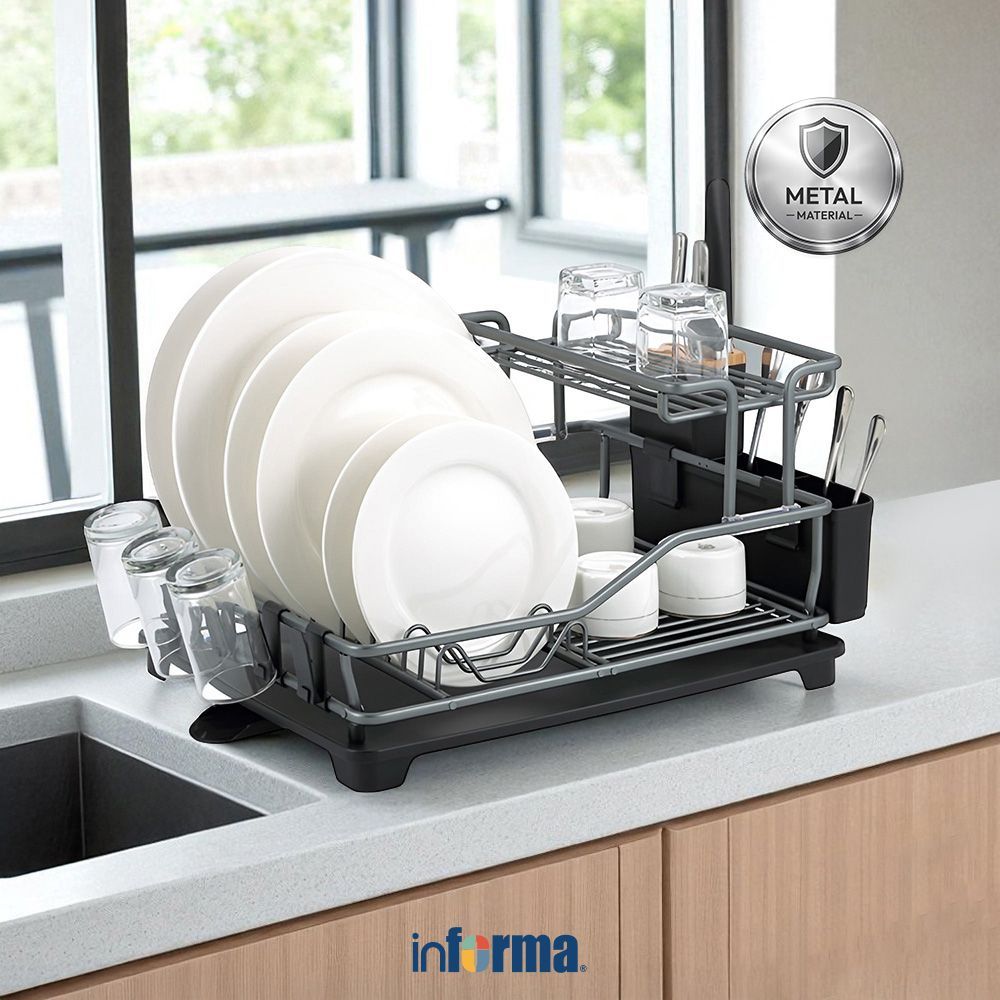 Informa Appetite Verner Rak Piring Dengan Tempat Pisau - Hitam Dish Rack Tempat Peralatan Makan Perl