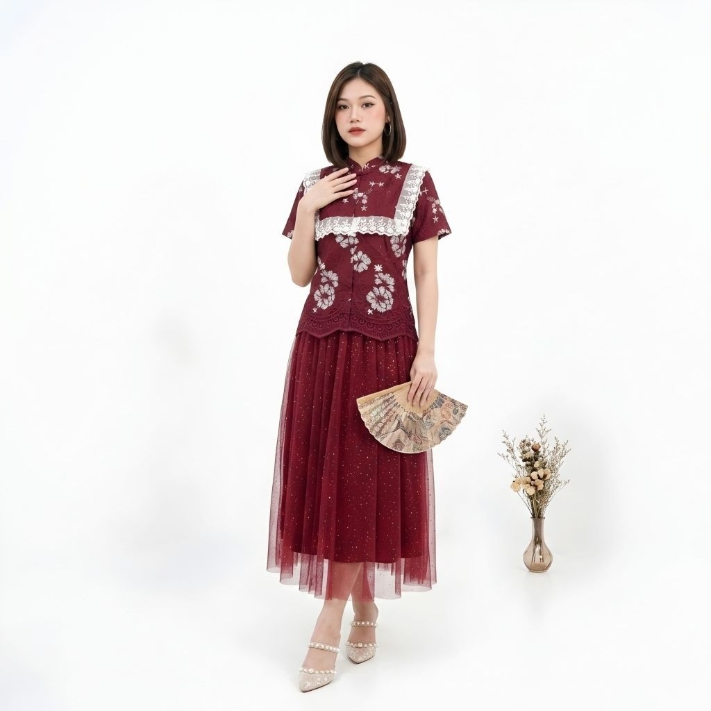 Setelan Baju Wanita Modern Atasan Brokat Tile Renda Mewah + Rok Tulle Modis Baju Kondangan Ncy Sm