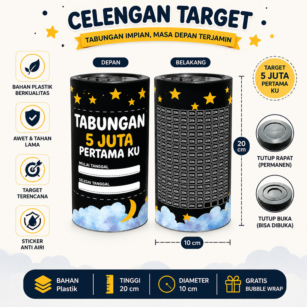 Celengan Target 1Juta 5k 5Juta 20k Permanent Buka Tutup Warna HItam Premium - Tabungan Uang Asli