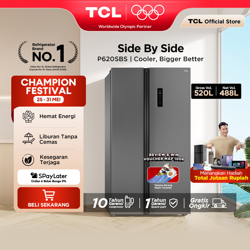 TCL Kulkas 2 Pintu Side by Side - Kapasitas 520L - Holiday Mode - Twin Eco Inverter - AAT Gen 2 Natu