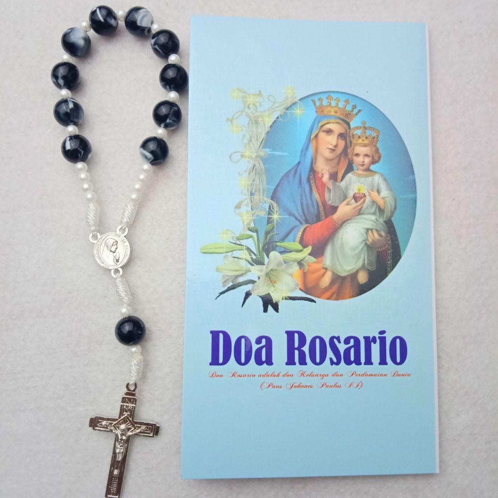 bundle paket doa rosario mini marmer hitam 8 mm + (lembaran) panduan doa rosario katolik [1020]