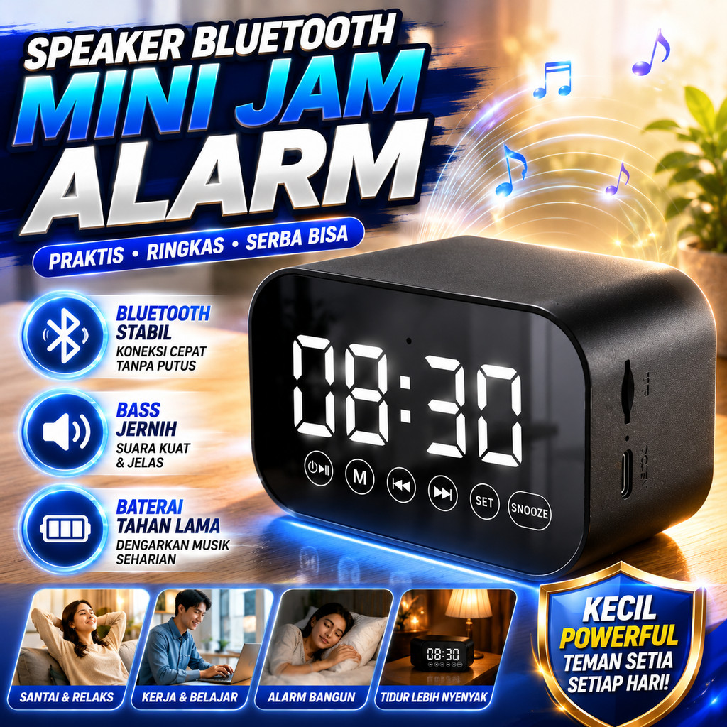 Speaker Bluetooth Mini Jam Alarm Murah Awet Kuat Praktis Ringkas Speaker Wireless Bagus Bahan ABS Te