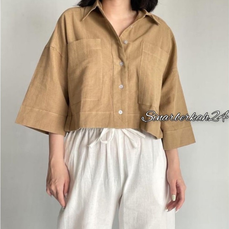 Kemeja Crop Linen Pocket / Kemeja Outer Crop Linen / Oversized Shirt Linen / Atasan Wanita / Outer W