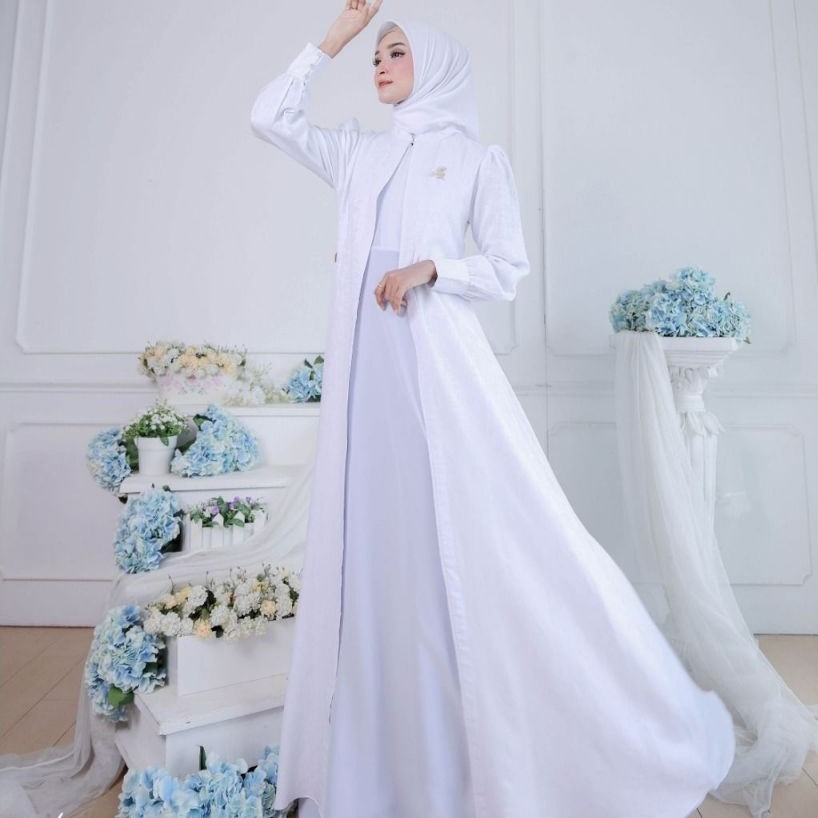 KHADIJAH DRESS ARRAFI DRESS PUTIH EMBOS POLOS DRESS UMROH, DRESS PUTIH ELEGAN