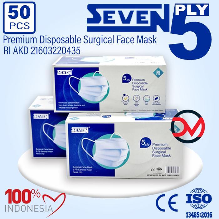 Masker Seven Premium Surgical 5ply isi 50 / Masker Medis Earloop 5 ply - Putih 5ply