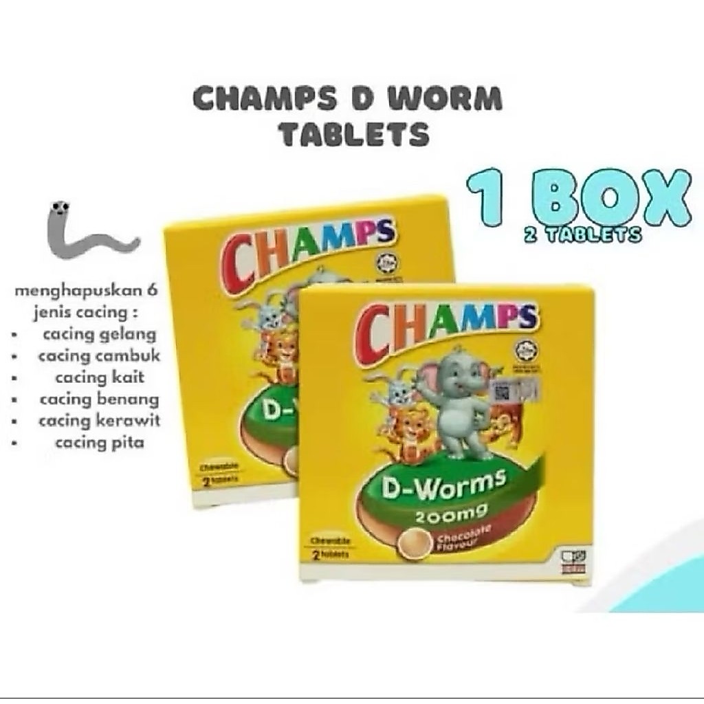 Champs D Worms 200mg obat cacing original Malaysia isi 2 tablet