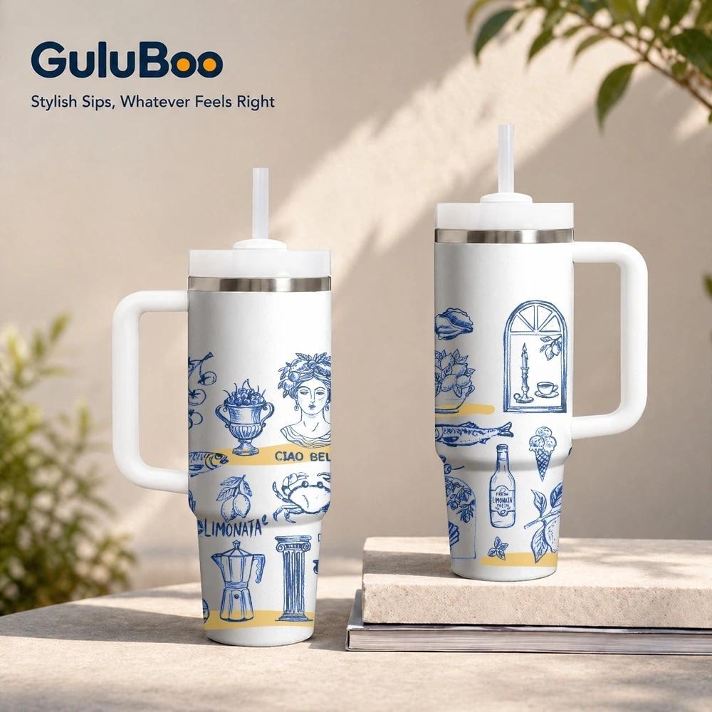 Italian Summer Postcard Design Vacuum Flasks 40oz Thermal Stainless Steel Tumbler with Handle Straw 
