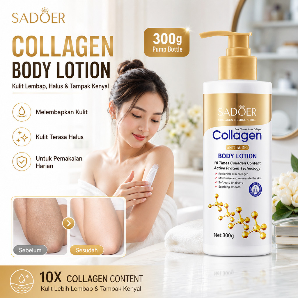 SADOER Collagen Body Lotion 300g | Handbody Lotion Pelembap Kulit Kering, Halus & Kenyal