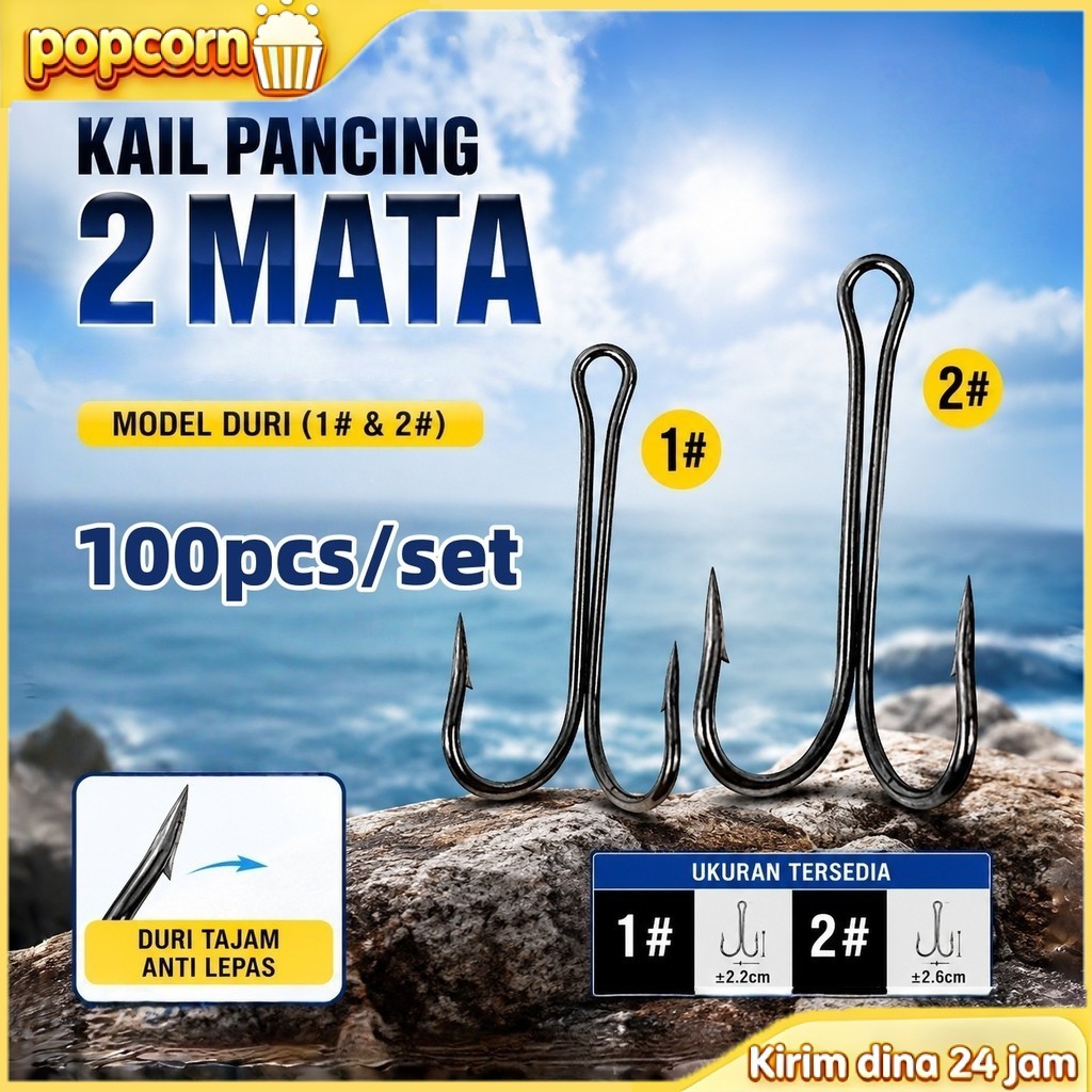 Aneka Umpan - 100pcs High Carbon Steel Fishing Hook Double Hook Soft Frog Hook 1#/2#