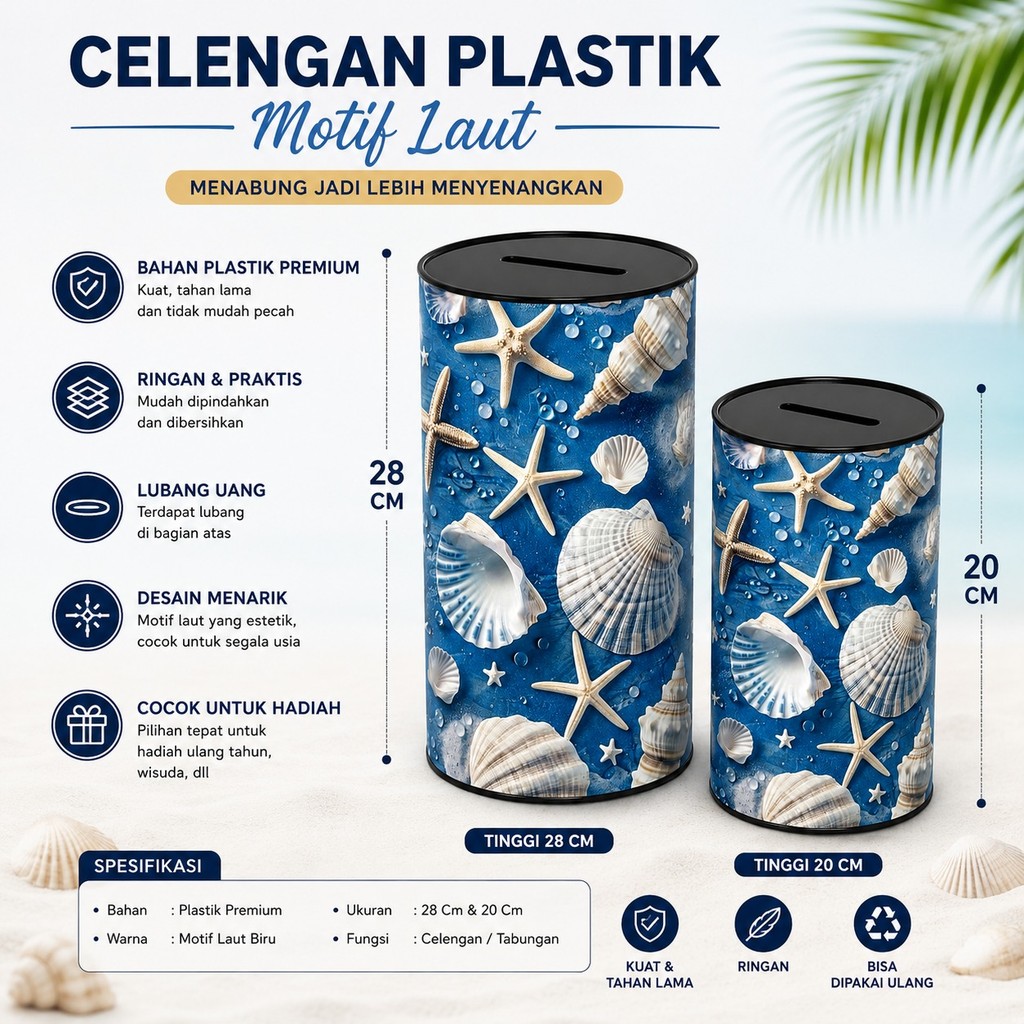 Celengan Plastik Motif Laut Jumbo 20cm 28cm Motif Kerang & Bintang Laut Buka Tutup Permanent Aesthet