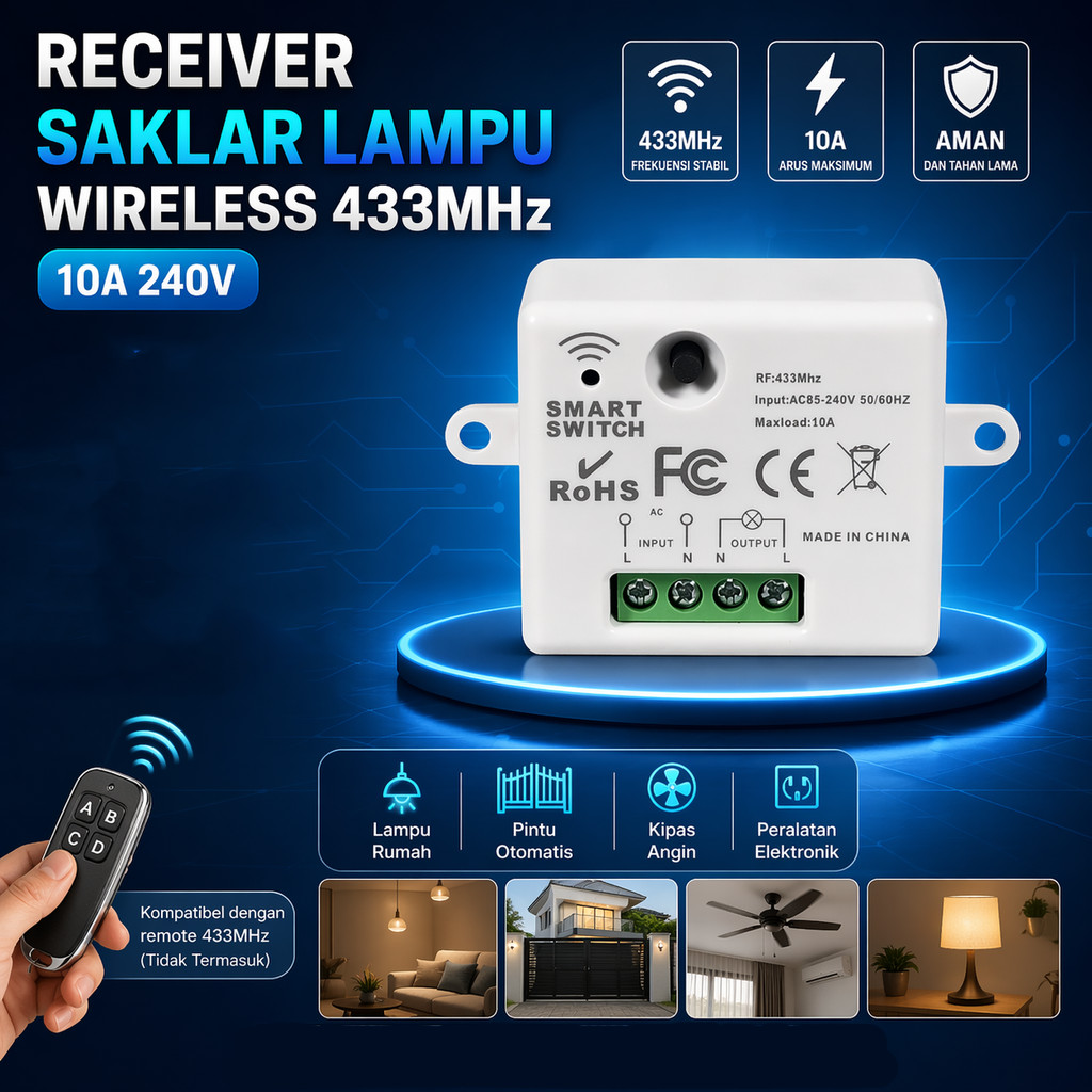 Receiver Saklar Lampu Wireless 433MHz 10A 240V - QC-44