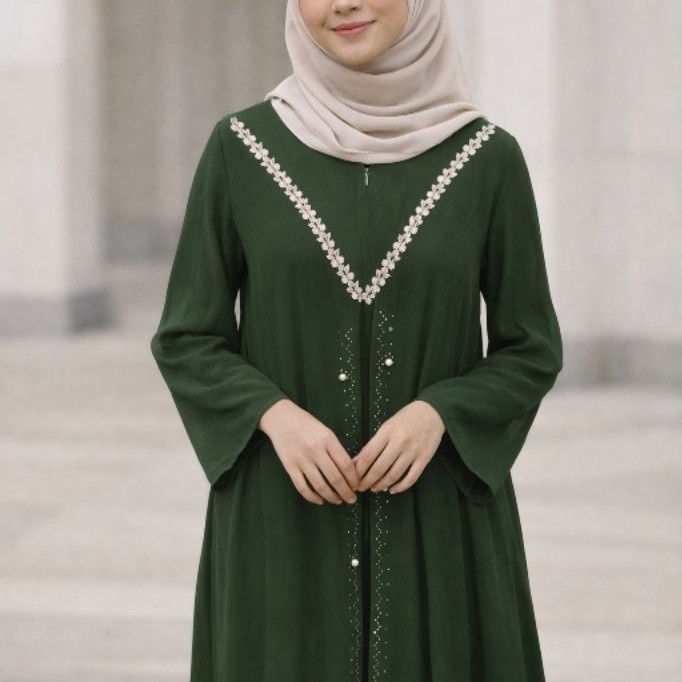 Gamis Wanita Elegan Hijau Botol Bordir Premium | Dress Muslimah Simple Anggun Modern