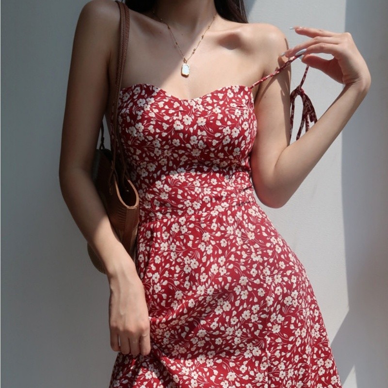 [ Cute Hot Label] Vintage gadis kerah merah bunga sling rok ramping pinggang tali rok pendek gaun