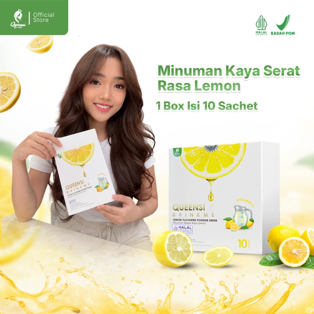 Queensi Drinkme Serbuk Rasa Lemon - Minuman Tinggi Serat Diet Pencernaan Mengandung Ekstrak Aloe Ver