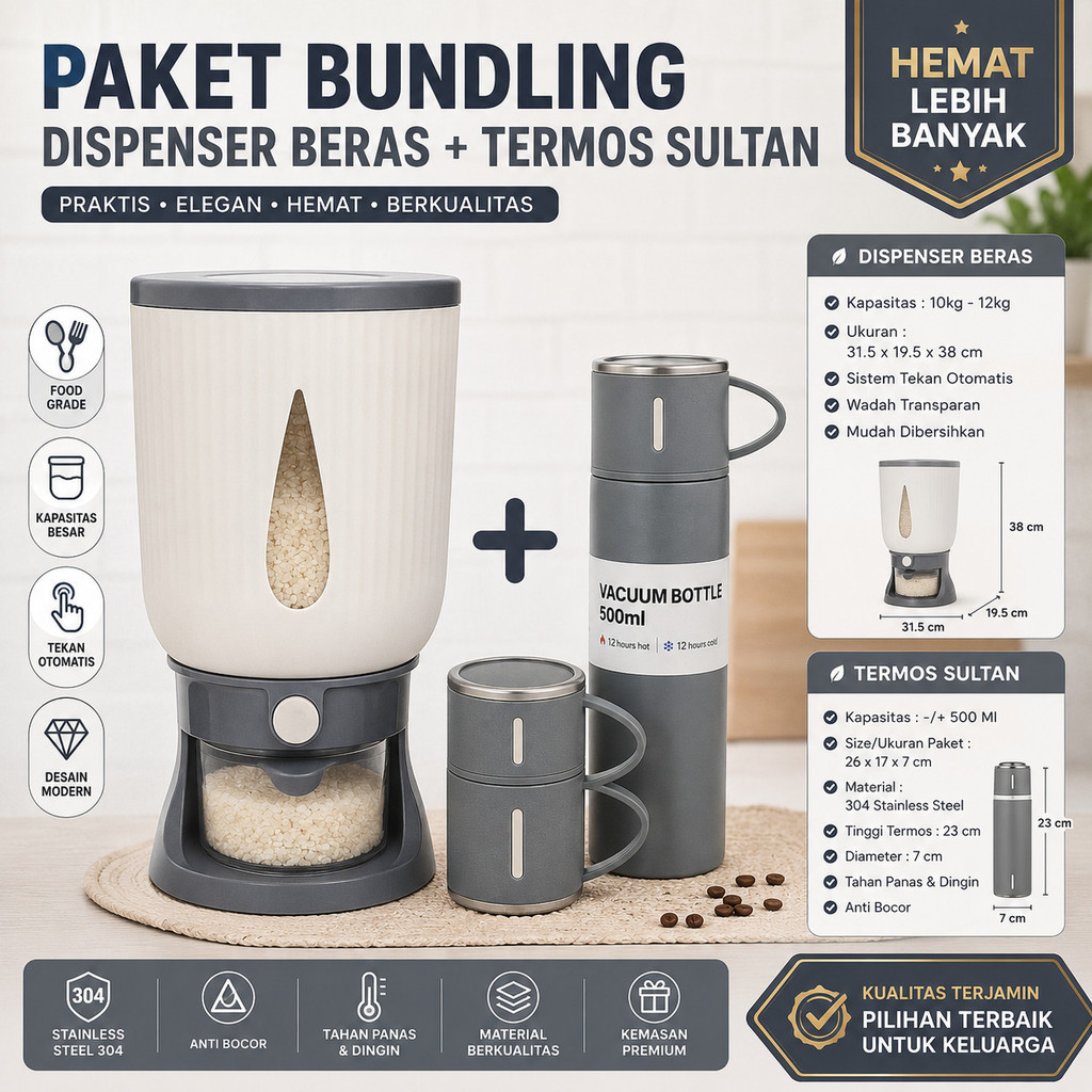 BUNDLING Dispenser Beras 10kg Trilins dan Termos Sultan Botol Minim Cangkir Premium
