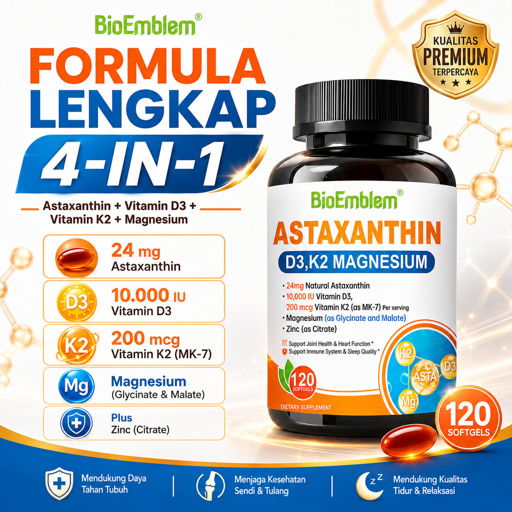 Astaxanthin D3 K2 Magnesium Zinc 120 Softgels Suplemen Kesehatan Tulang Sendi Imun Jantung Tidur