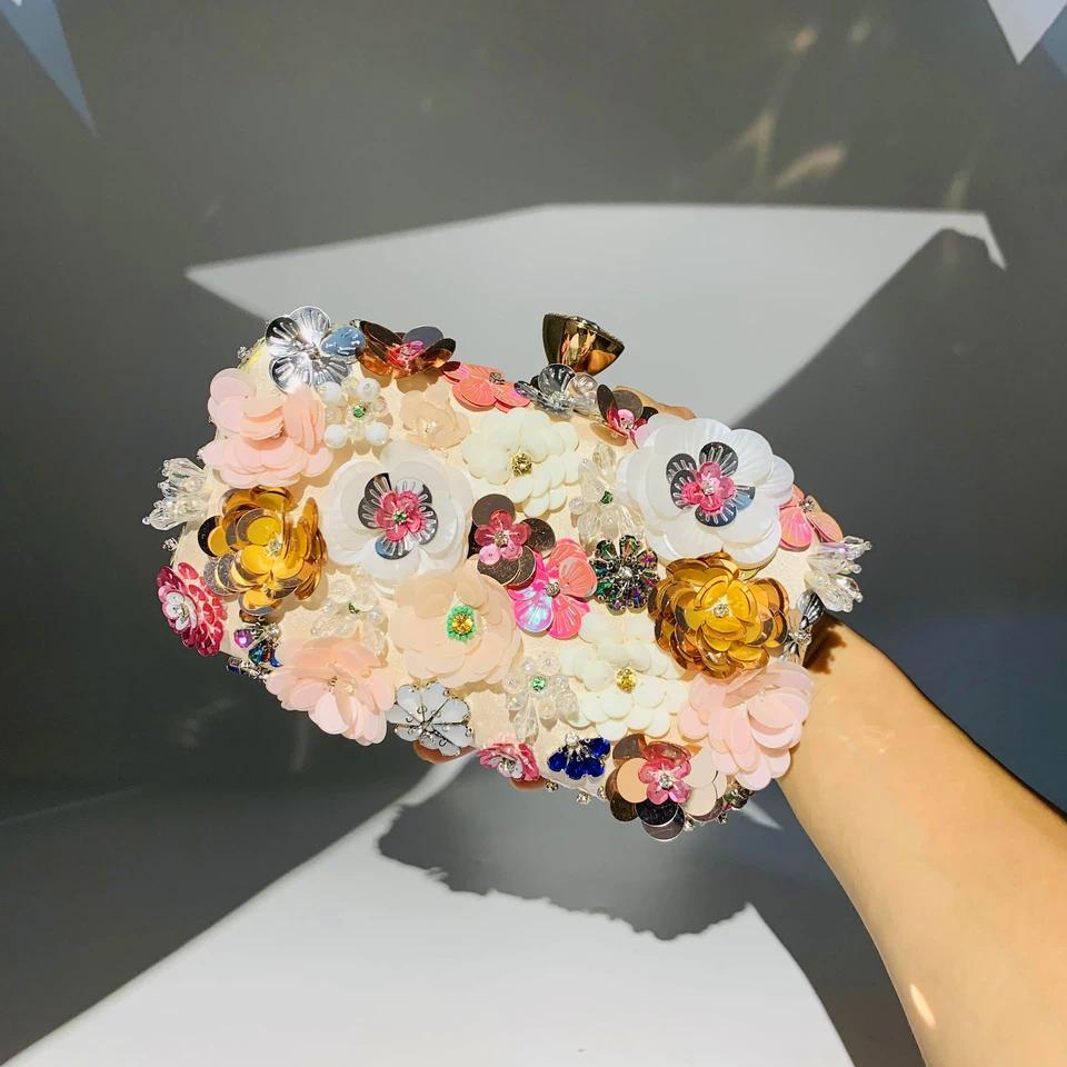 Tas Malam Mewah OC3815 Berhias Bunga, Clutch Manik-Manik Buatan Tangan