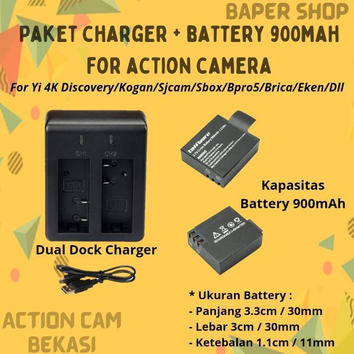 Paket Dual Charger Dan 2 Battery Baterai Yi Discovery Kogan Brica 900mAh Untuk Xiaomi Yi 4K Discover