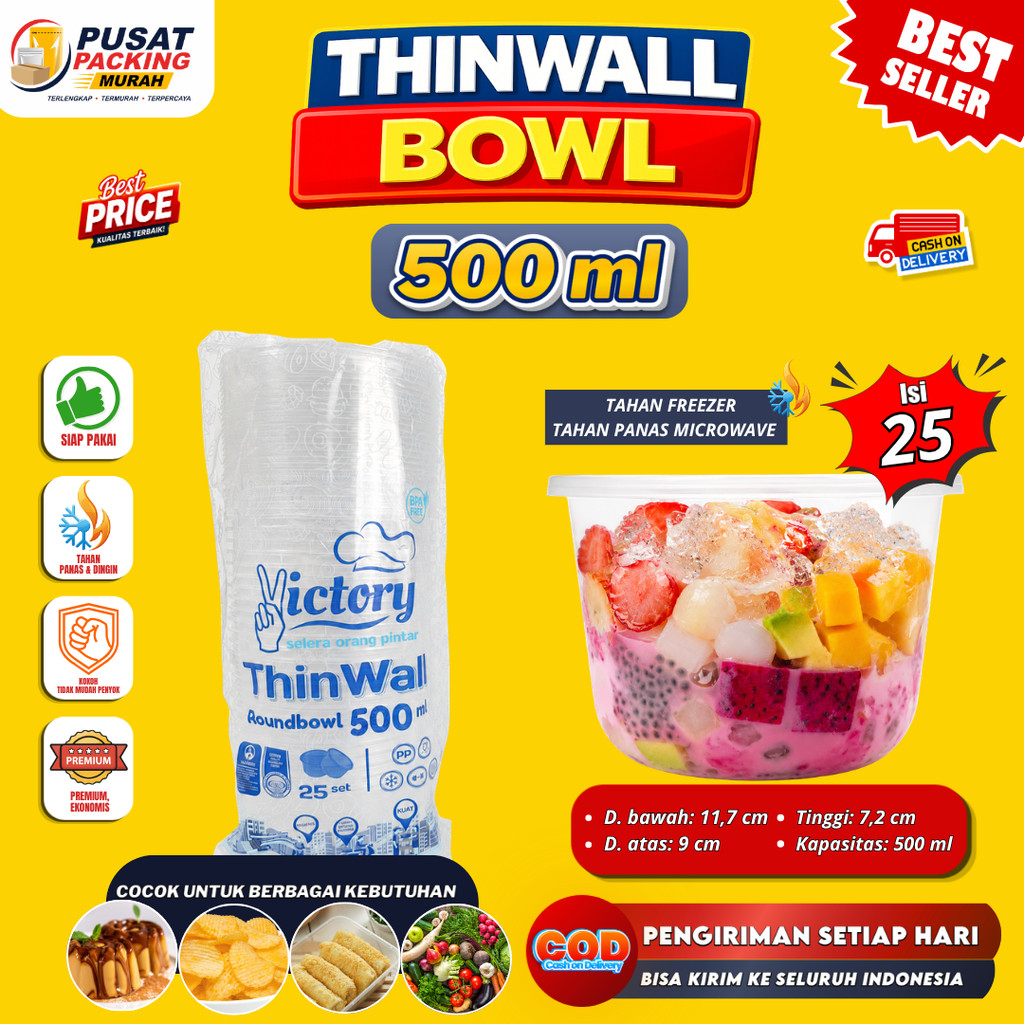 Thinwall Bowl 500 ml Isi 25 pcs Mangkok Plastik Bubur Bakso Lunch Box Set Wadah & Tutup Anti Panas