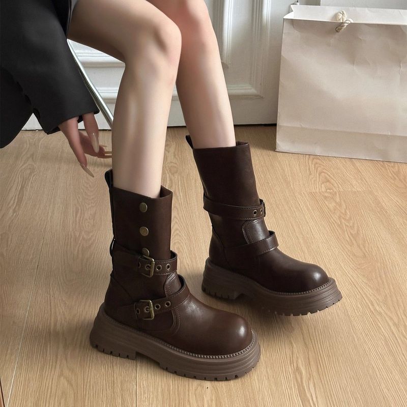 Sepatu dan Boots Wanita: Boots Martin Sol Tebal Vintage untuk Wanita, Boots Setinggi Betis yang Nyam