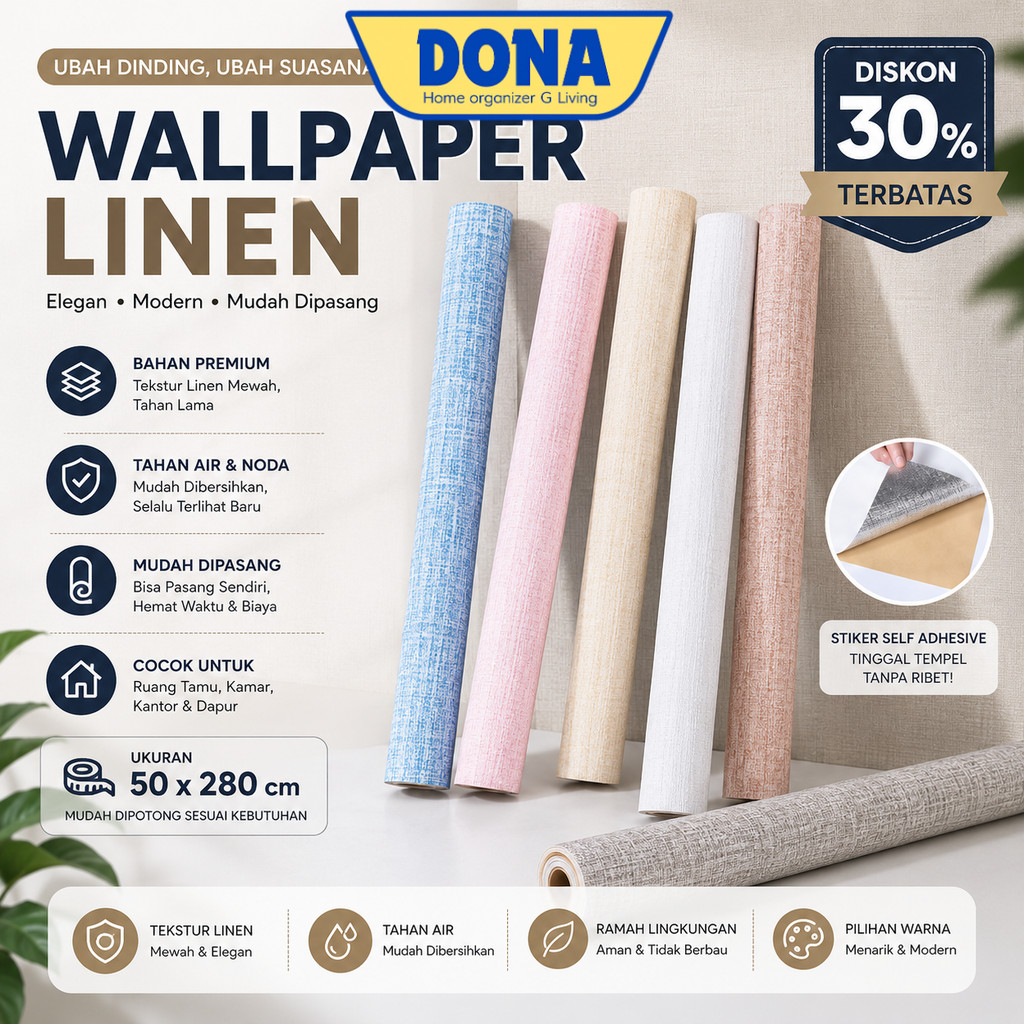 DONA - Wallpaper Foam Linen Roll 280x50cm Stiker Dinding Premium | Wallpaper Dinding Kamar Tidur Rua