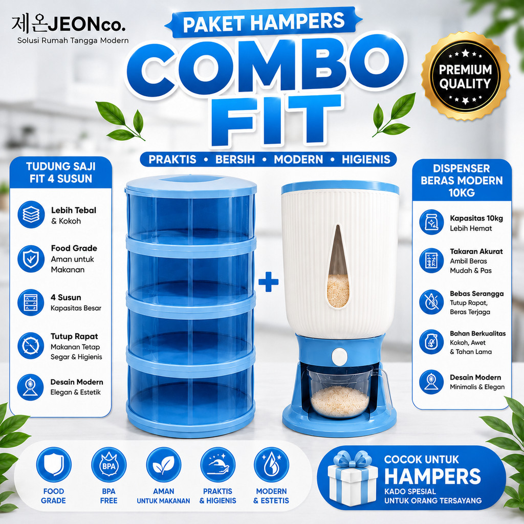 PAKET COMBO 2 IN 1 Hampers Tudung Saji FIT 4 Susun + Dispenser Beras Tempat Penyimpanan Beras 10kg