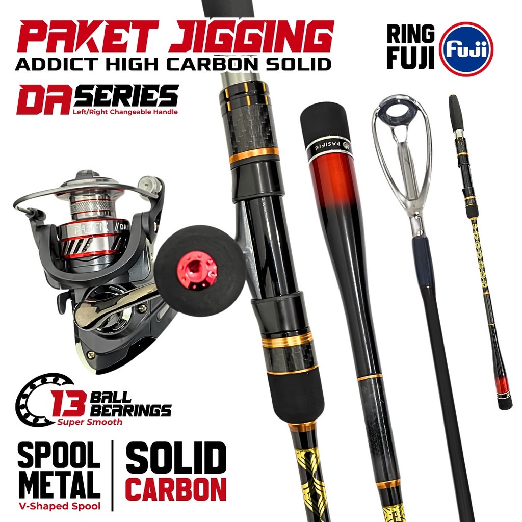 Paket Joran Jigging 1.8M Solid Carbon + Reel 13BB Fuji Guide Ring PE 0.8-6 Slow Jigging Casting Laut