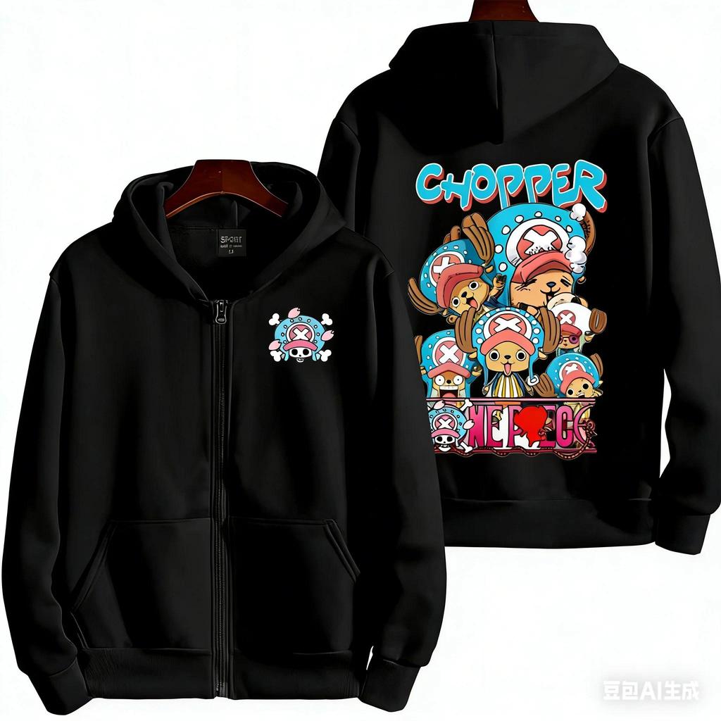 Jaket zipper  One Piece Anime Print Zipper Hooded Jacket Long Sleeve unisex fleece