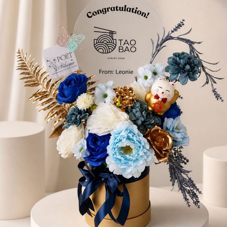 BUNGA FLOWER BLOOMBOX GOLDEN ACRYLIC GRAND OPENING TOKO LUCKY CAT