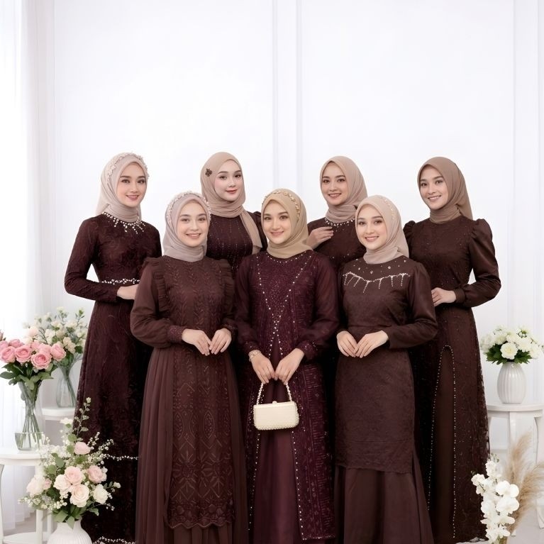 Gamis Seragam Bridesmaid Coklat Mahogany Dress Brokat Kondangan Wanita Mewah Gamis Modern Cl