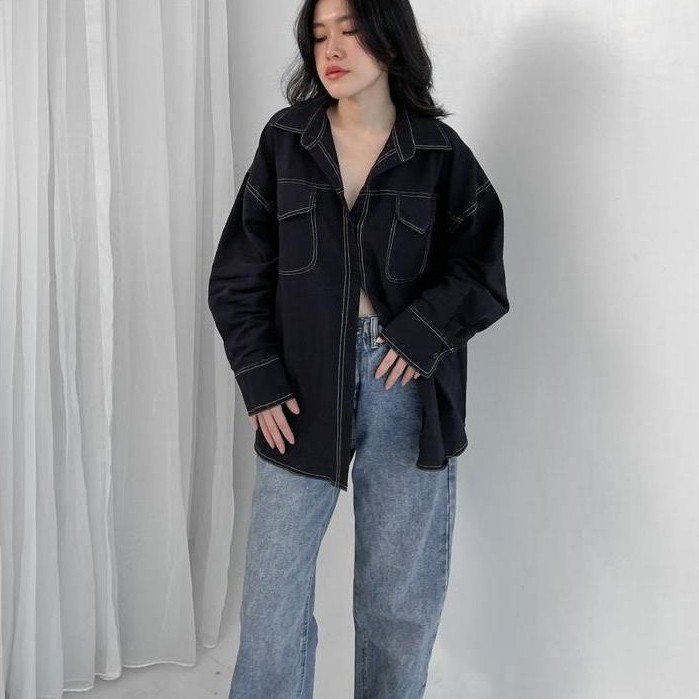 Aloha 2103 - Keyla Linen List Overshirt Kemeja Linen Oversize Wanita Crinkle Denim Blue Model Kemeja