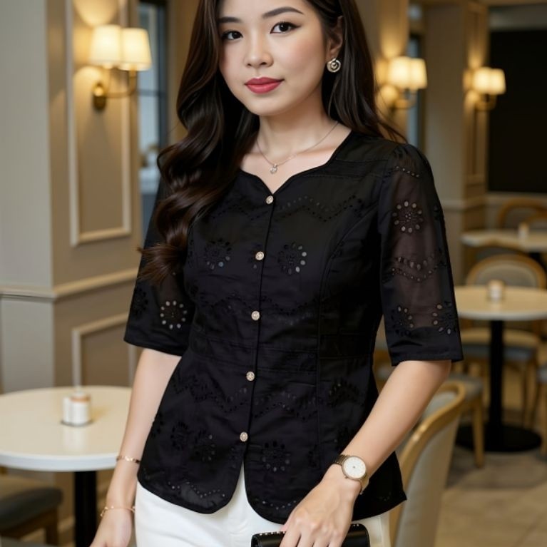 24668 ATASAN KATUN BOLONG PUTIH HITAM / BLOUSE PUTIH HITAM