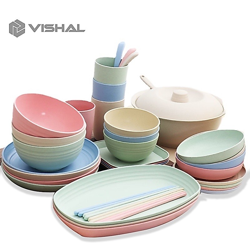 VISHAL 1Set Dinner Plate Piring Bulat Mangkok Wheat Straw Bowl Sumpit Sendok Free BPA Mangkuk / Gela