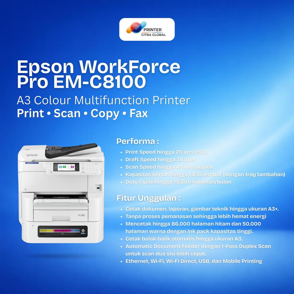 Printer Epson EM-C8100 WorkForce Pro A3 Warna Multifungsi - Pengganti Printer Laser Hemat Energi Gar