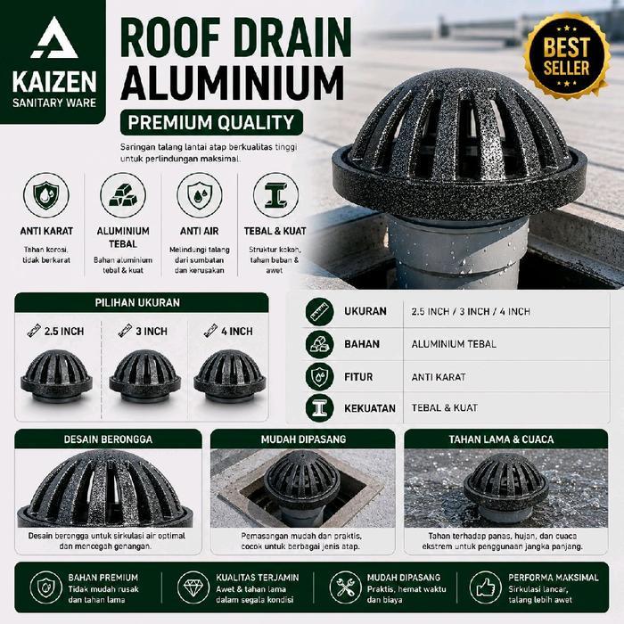 Roof Drain Aluminium 2.5inch / 3inch / 4inch saringan talang air dak balkon floor drain - 2.5 inch