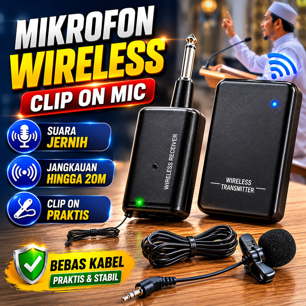 Mikrofon Wireless FM Clip On Mic Imam Masjid Pidato Presentasi Wireless Transmitter Receiver Jack 6.