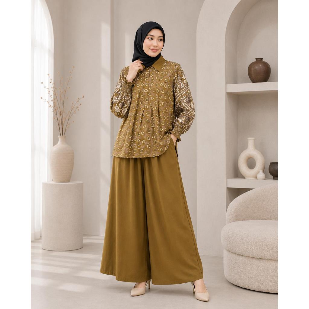 One Set Kayana Setelan Rayon Jumbo Wanita Modis Kulot Flowly Lengan Panjang