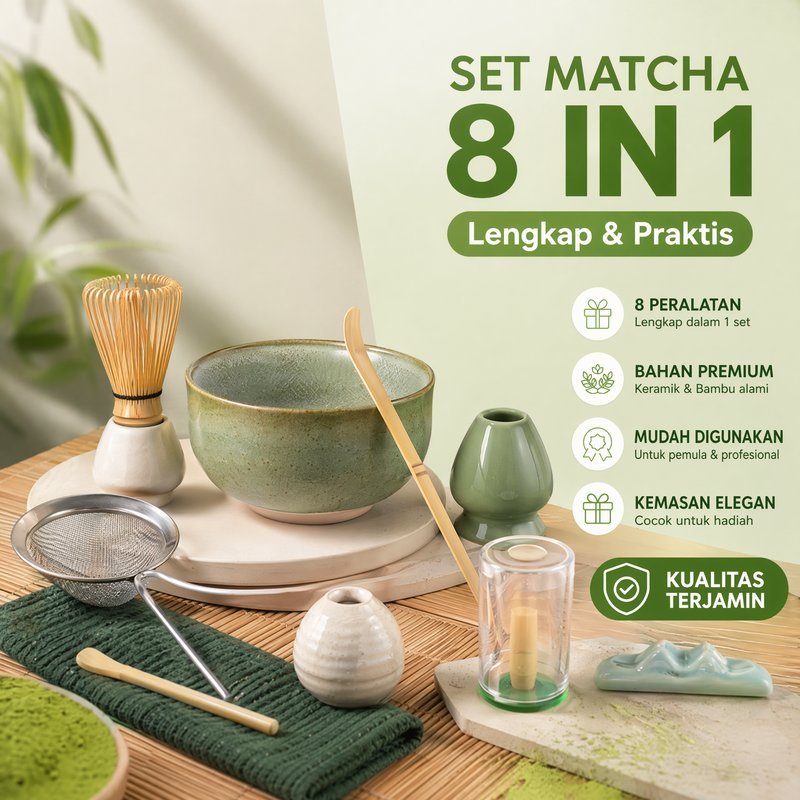 Set Alat Matcha Jepang Keramik Bambu Chasen Chashaku Mangkuk Tea Set Pemula Hadiah Estetik