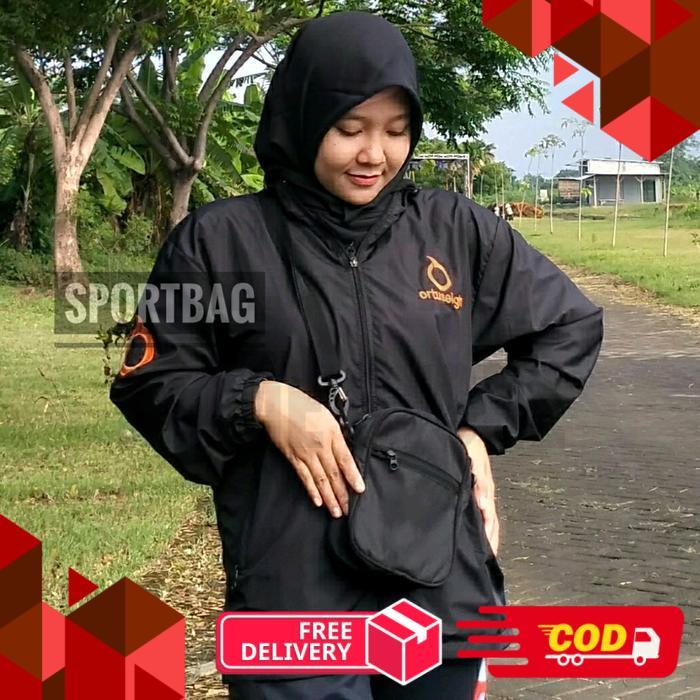 Jaket Parasut Sport Olahraga Pria & Wanita Hitam Ortus Logo Orange - -, -
