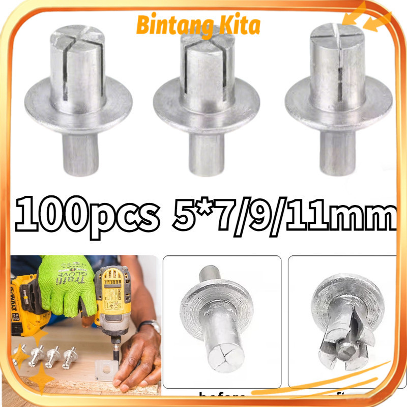 Isi 100 Paku Rivet Palu Aluminium Flat Round Drive Hummer Rivet 5x7/9/11mm