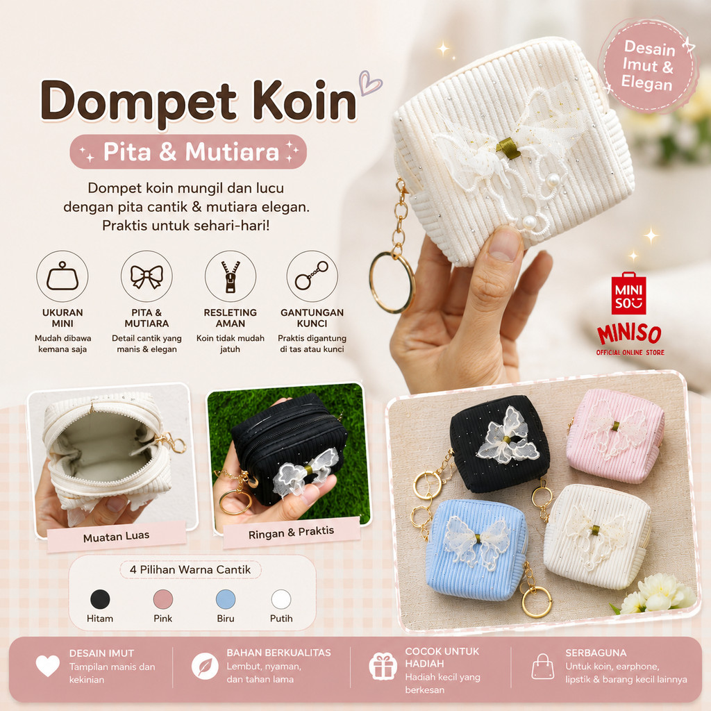 MINISO BALI | Dompet Koin Motif Pita Lucu Wanita / Dompet Kartu Mini / Dompet Perhiasan Travel / Dom