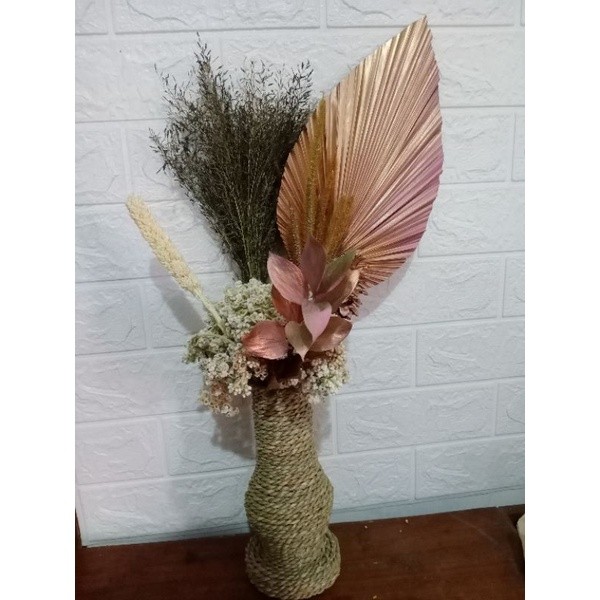 Paket Daun Kering+Pot Guci Mini+Bunga Kering Aesthetic/Daun Palem Kering/Bunga Rustic