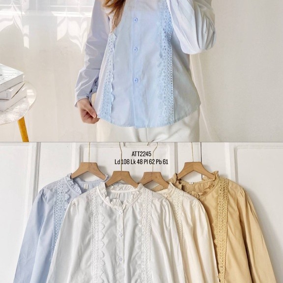 [BISA COD] ATT2245 - Blus Katun Kerah Ruffle Aksen Renda Vintage